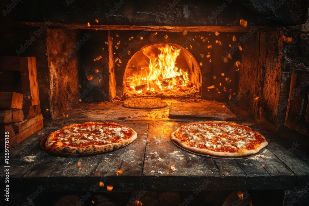 Aufkleber pizzas are cooking in a wood-fired oven, surrounded by bright flames and crackling wood, creating a 