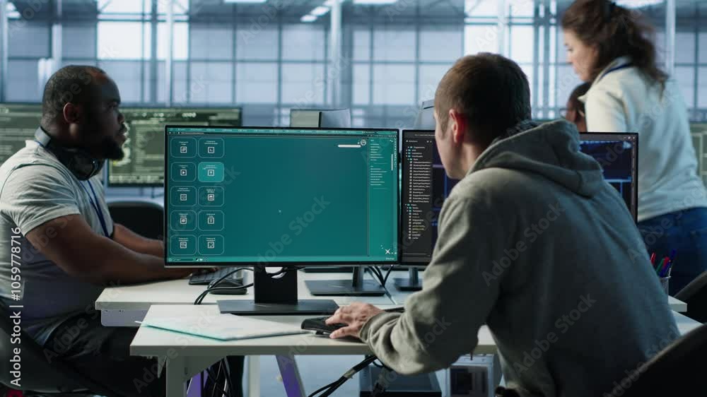 Poster computer scientist in server room making software producing ai generated videos. it specialist build