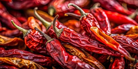 A close-up image of a pile of dried red chili peppers, showcasing their wrinkled texture, vibrant color, and subtle nuances of orange and brown hues.