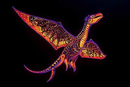 recommend clip art: Colorful neon outline of a patterned pterodactyl isolated on black background.