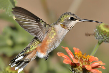 Fototapeta premium A hummingbird hovering near a vibrant flower, showcasing its iridescent feathers.
