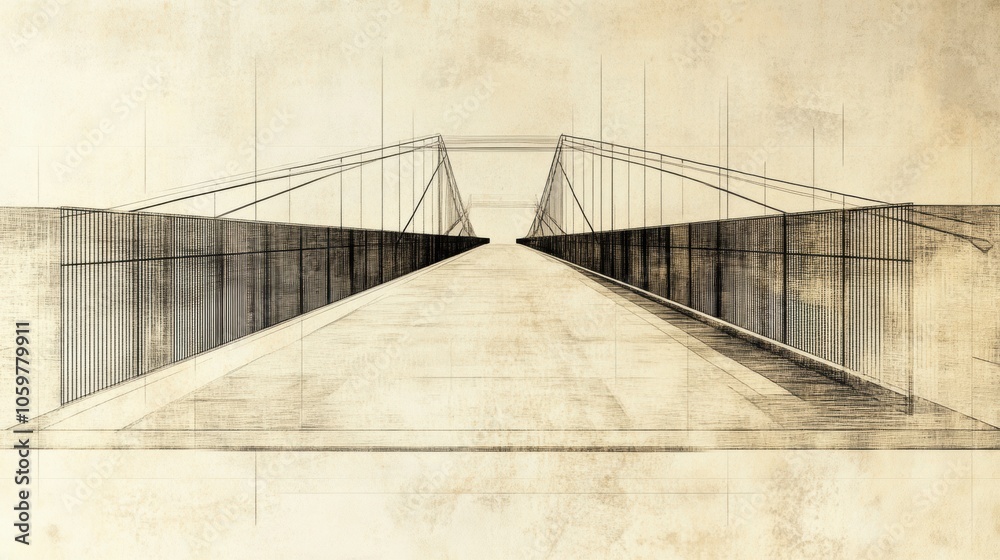 Poster this abstract artwork showcases a modern bridge arching into the distance, featuring detailed linear