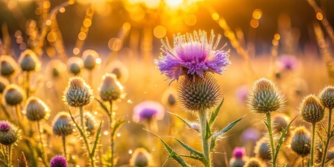 A solitary purple flower blooms amidst a field of prickly buds bathed in the warm glow of the setting sun, its delicate petals glistening with dewdrops.