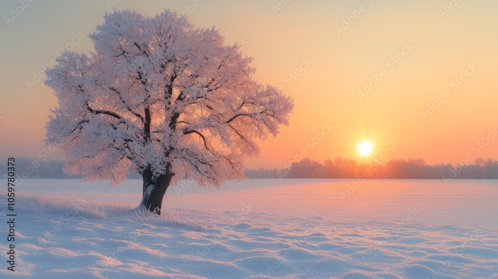 Poster A large, frosty tree captures the glow of the rising sun, illuminating the snowy field and creating a serene winter atmosphere at dawn.