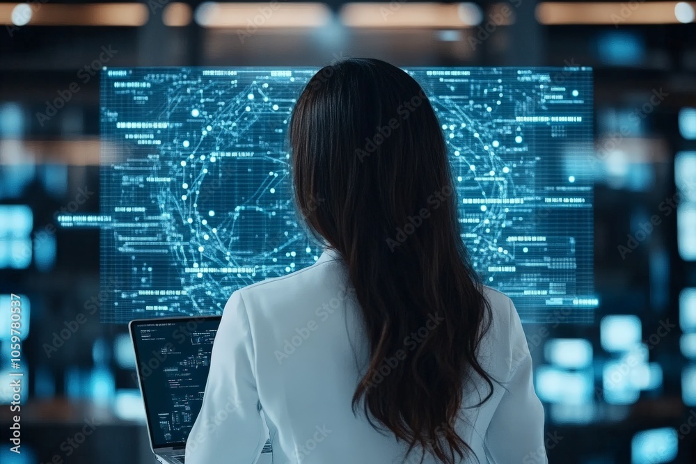 Poster a woman engages with a projected holographic digital interface displaying complex data patterns, rep
