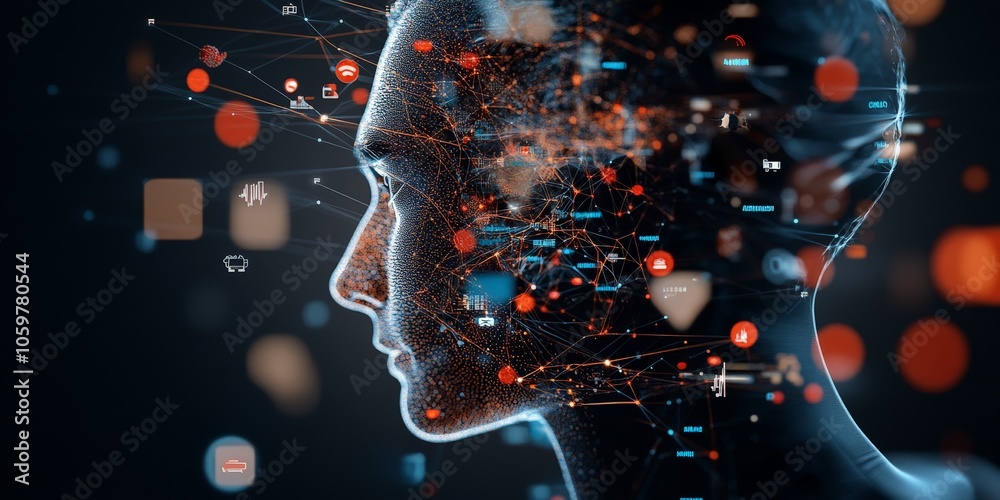 Poster a digital profile surrounded by an extensive network of connections and data points, symbolizing the