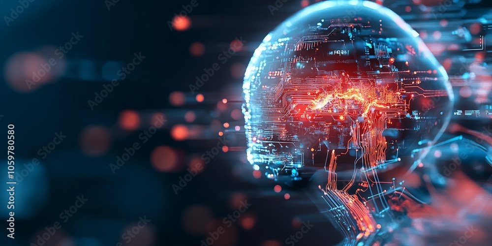 Poster a digital illustration of a futuristic helmet design features glowing circuitry patterns that merge 