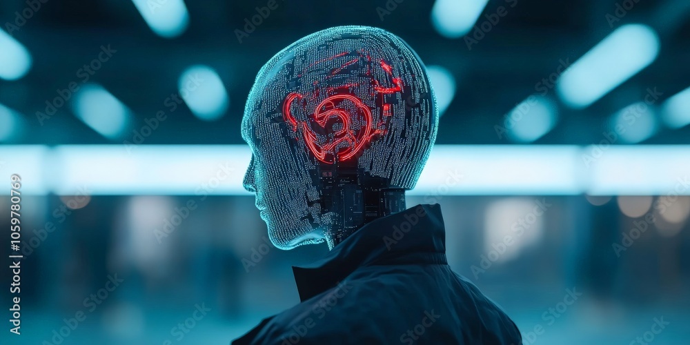 Poster a robotic head with illuminated neural pathways lit within, representing artificial intelligence and