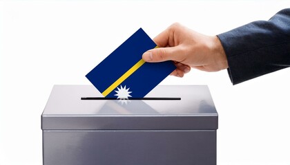 ナウルの国旗の投票用紙を投票する手と投票箱。選挙。(Hand and ballot box voting a ballot paper with the Nauru flag on it. election.)
