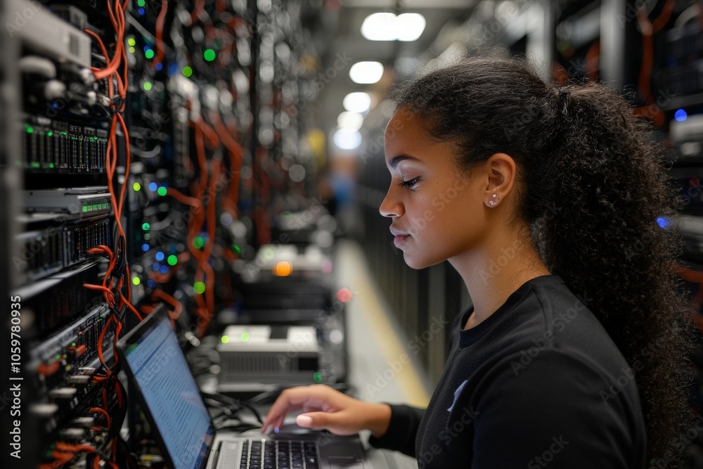 Poster a focused engineer is working on a laptop while surrounded by data servers in a high-tech environmen