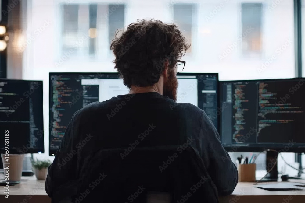 Poster a person with curly hair focuses on a multi-screen workstation, each displaying lines of colorful co