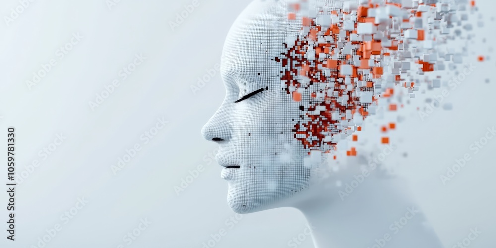 Poster a digital face dissolving into a pattern of pixelated cubes, symbolizing fragmentation and transform