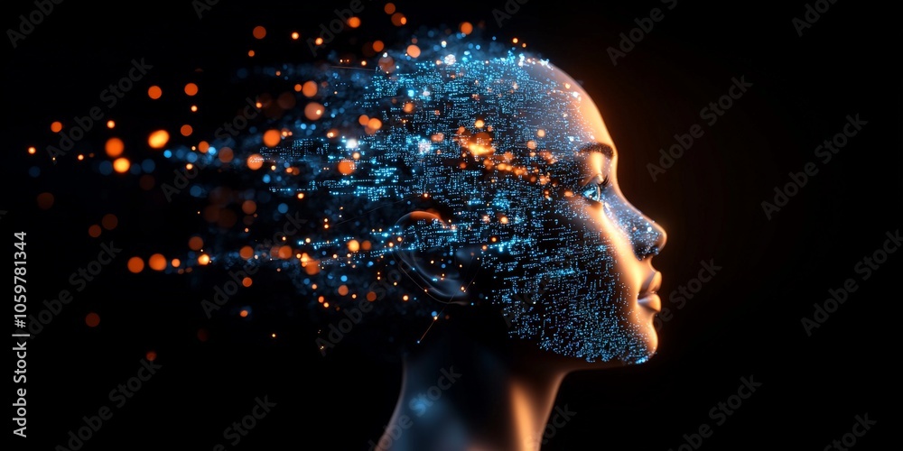 Poster a side view of an abstract digital face with dynamic particles trailing, symbolizing the flow of inf