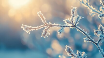Obraz premium Winter Frost Covered Branch CloseUp Sunset