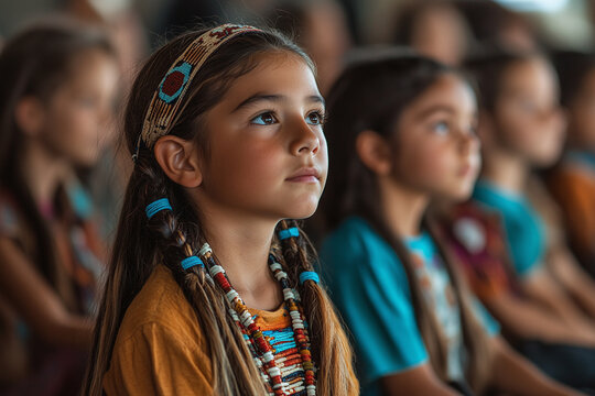 Native American children attending a cultural language class in a community center.