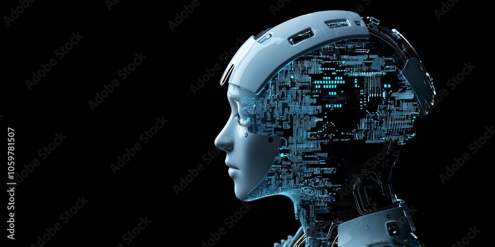 Poster a sleek and advanced robot's profile reveals complex circuitry and glowing elements, reflecting the 