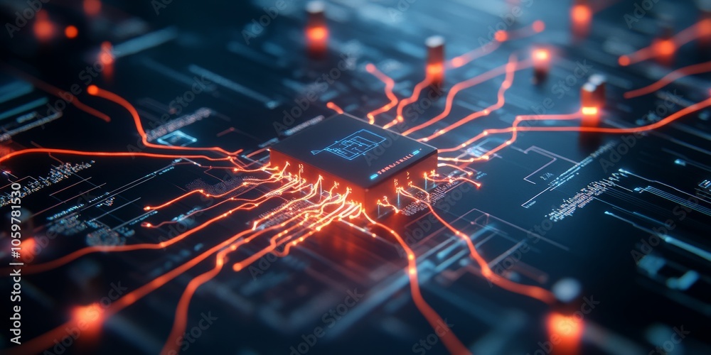 Poster a close-up of a circuit board chip with electrifying orange paths, illustrating the power and connec