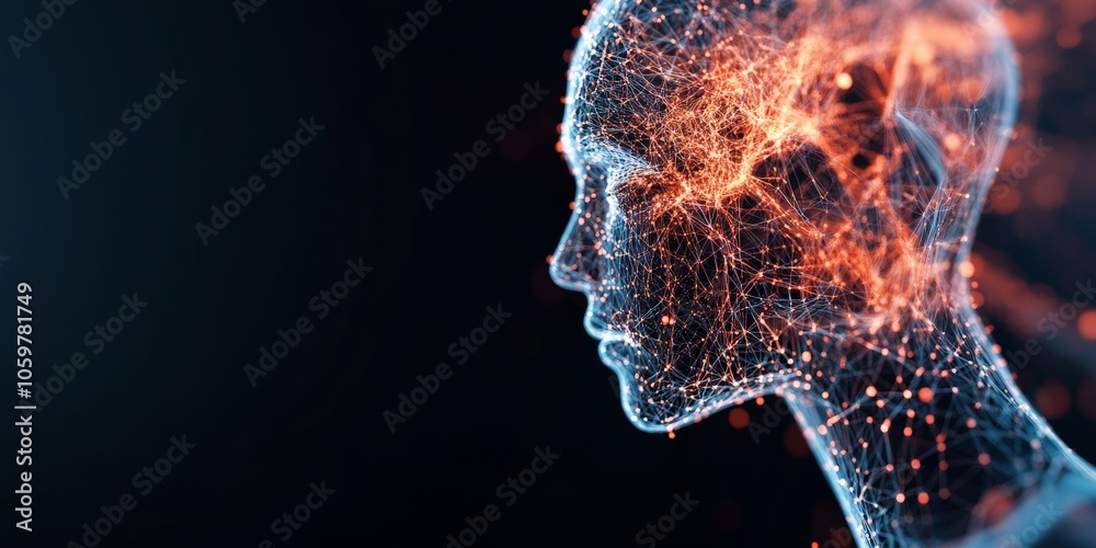 Poster an abstract representation of a human head made of converging and intersecting orange points of ligh