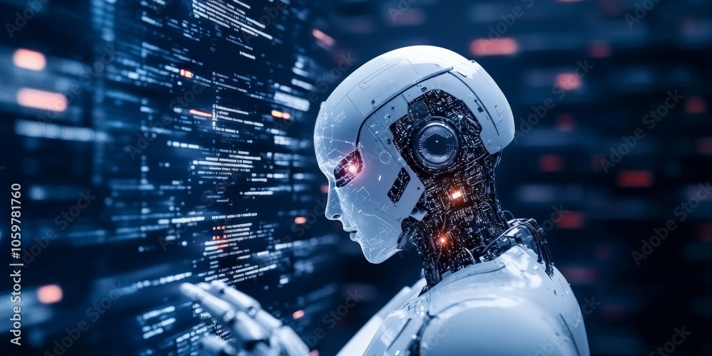Poster a high-tech robot interacting with a digital screen displaying lines of code, showcasing a sleek and