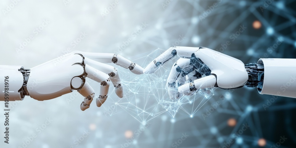 Poster two robotic hands connect amid a web of digital lines, portraying the fusion of technology and conne