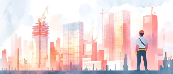 Construction Scenes Featuring Architects, Engineers, and Workers in Various Atmospheric Settings