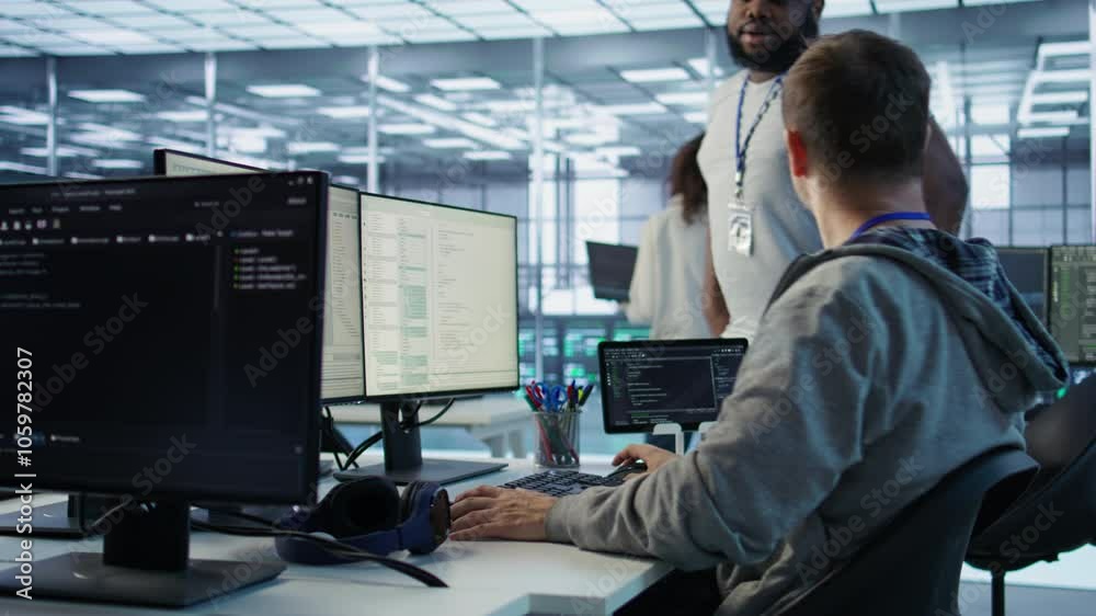 Poster programmer requesting help from manager while working on computer in data center, monitoring hardwar
