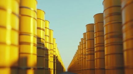 Rows of yellow oil barrels stacked vertically in a storage facility, ready for transportation, with a clear sky backdrop