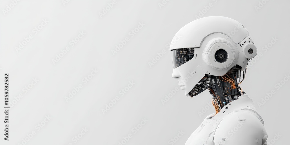 Poster profile view of a humanoid robot featuring detailed technological components, representing advanceme
