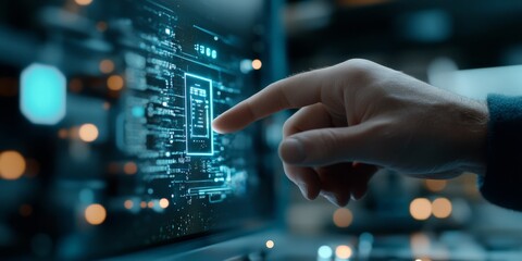Fototapeta premium A finger interacts with a digital touch screen interface, representing the seamless integration of technology in daily life, exploring software interaction and control.