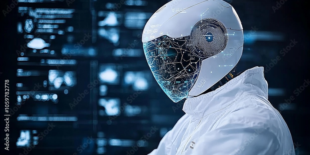 Poster a cybernetic robot expertly engaged in technological operations with a futuristic interface, highlig