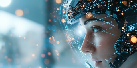 Obraz premium A close-up image of a person wearing a futuristic helmet with digital interface overlays, symbolizing human-machine interaction and advanced technology.