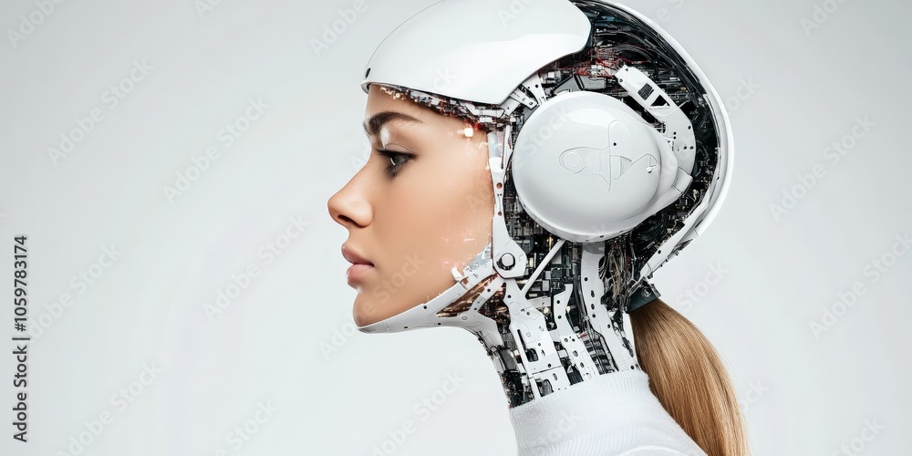 Poster this side profile view of a humanoid robot showcases advanced artificial intelligence, symbolizing t