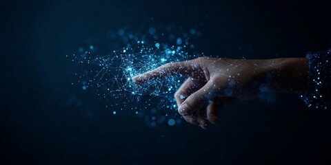 Fototapeta premium A human finger is shown interacting with a digital network of interconnected elements, representing human interaction with technology and digital innovation.