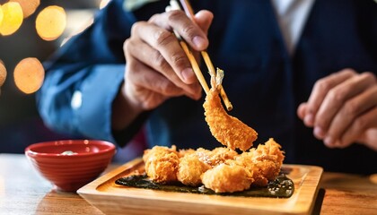 Faceless man eat Tempura in restaurant with bokeh background. Japanese Food.