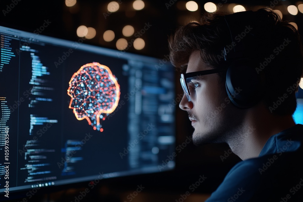Poster a focused programmer works on a neural network project, displayed on a large monitor, symbolizing in