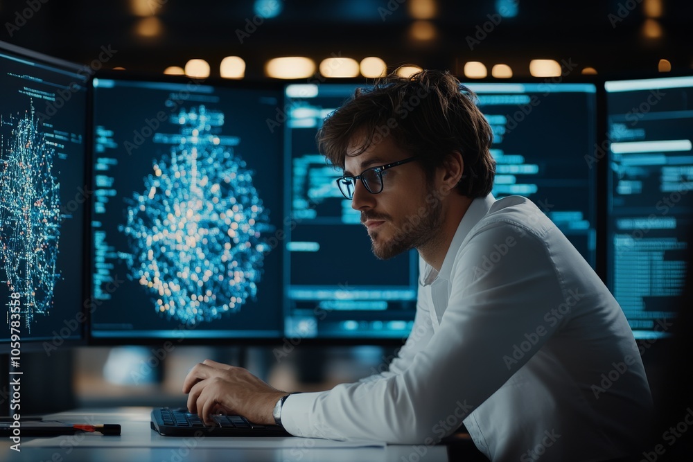Poster a dedicated software engineer is depicted programming on a neural network, surrounded by monitors sh