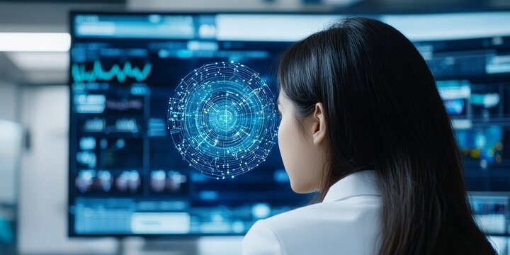 A young woman observes a complex digital data structure on a screen, portraying the diligence and analytical skills needed in modern technological environments.