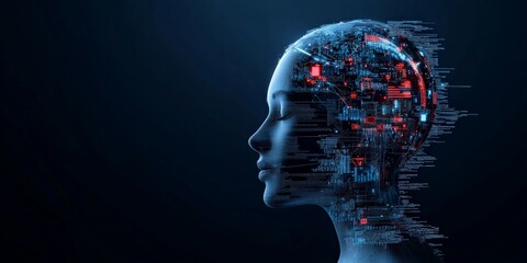 A side-profile of a female AI composed of glowing digital code, suggesting artificial intelligence and its enigmatic presence in modern technology landscapes.