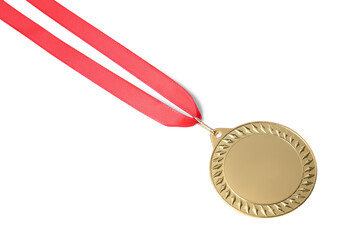 One golden medal isolated on white, above view