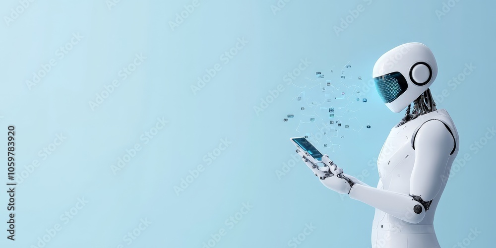 Poster a humanoid robot with a futuristic design is engaging with a tablet, showing data symbols and flowin