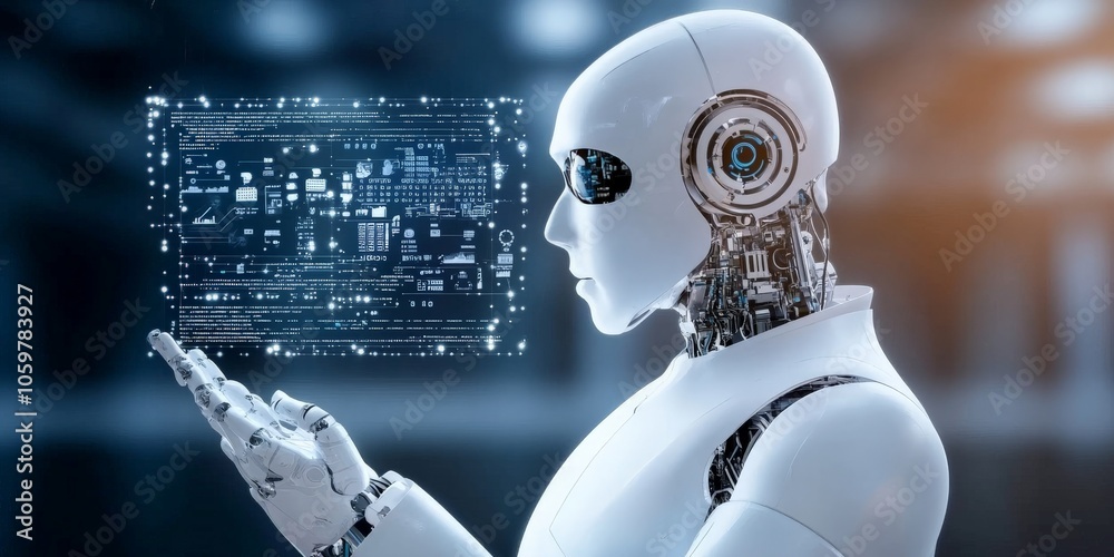 Poster an advanced robot is engaging with a transparent screen showing high-tech digital data visualization