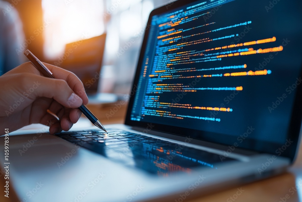 Poster a person is coding on a laptop displaying lines of colorful code, symbolizing the world of software 