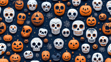 Obraz premium Halloween-themed seamless pattern with various carved pumpkins and skulls on a dark background, featuring intricate designs and web motifs.