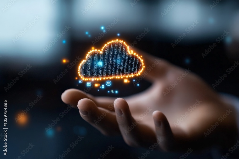 Poster a hand gently supports a digital cloud, symbolizing the advanced concepts of cloud computing, data s