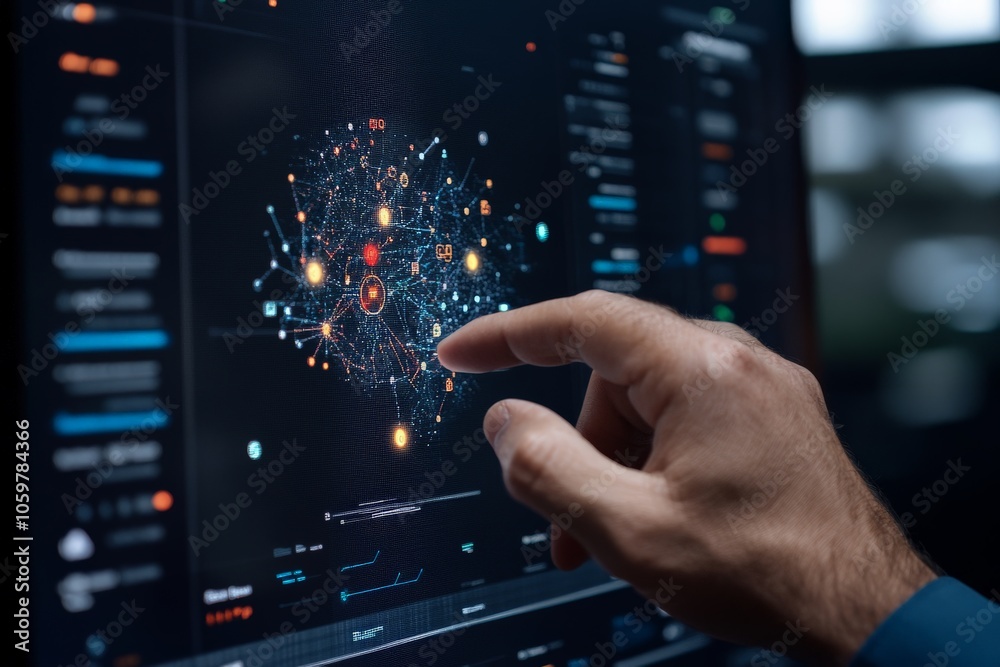 Poster a hand reaches out toward an illuminated network visualization, representing human interaction with 