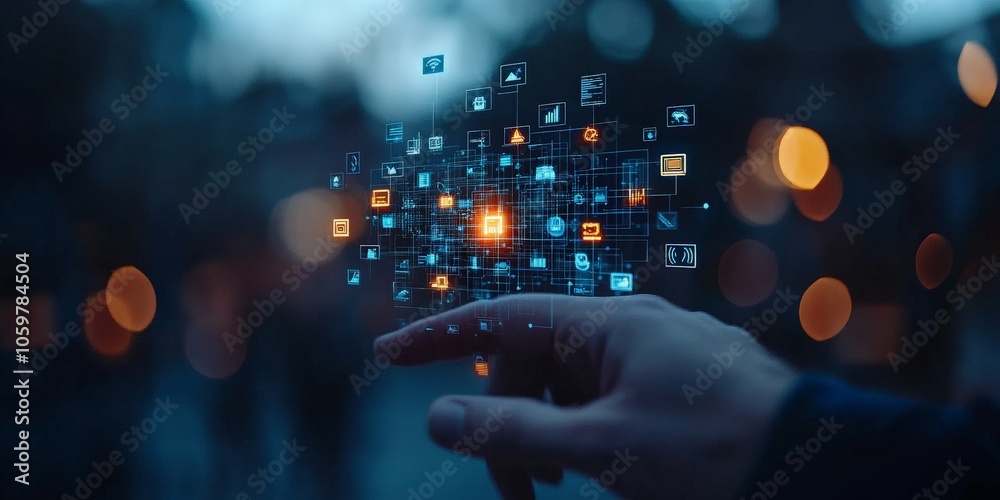 Poster a person's finger points to a floating network of digital data, representing the concept of availing