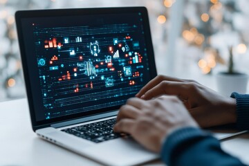 A person types on a laptop with a digital overlay of data, illustrating coding, programming, and digital technology in a dynamic and modern context.