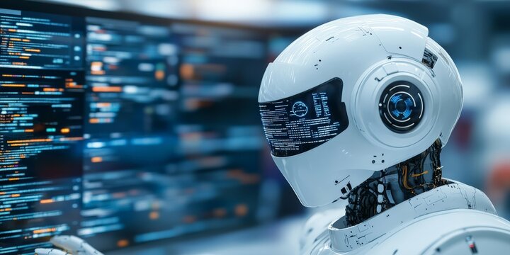 A high-tech robot focused on a digital interface filled with complex data and codes, representing advanced technology and artificial intelligence applications.