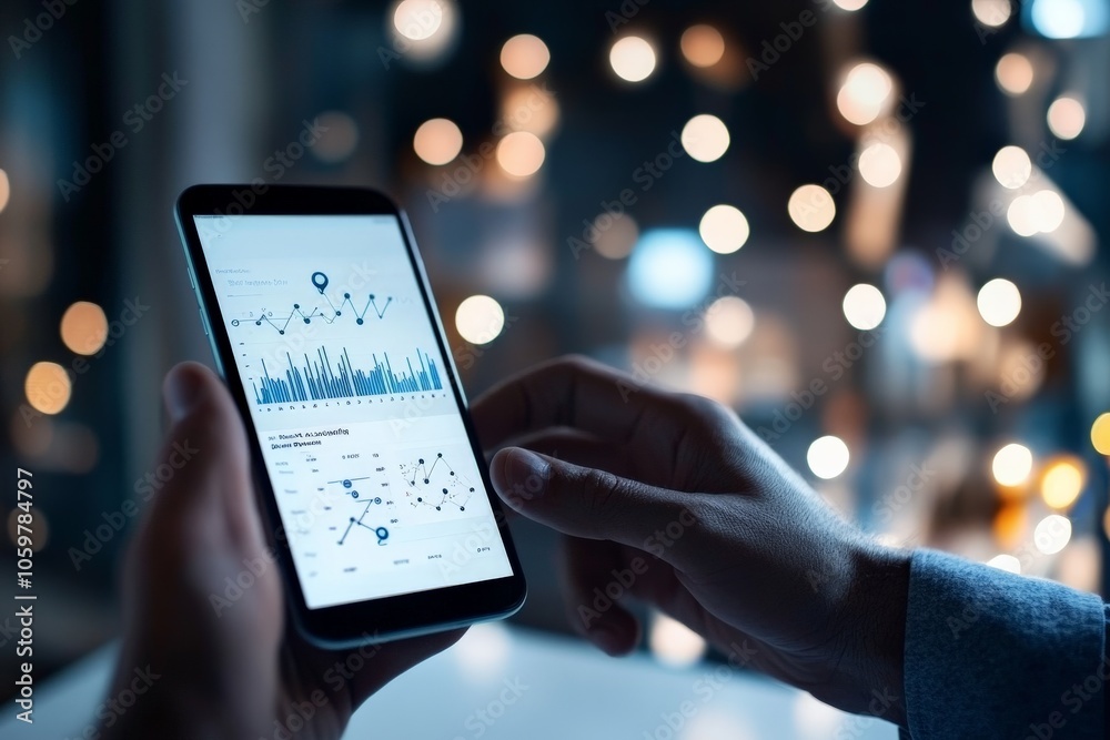 Poster a hand holding a smartphone displaying data charts and graphs, symbolizing business analytics and da