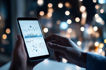 A hand holding a smartphone displaying data charts and graphs, symbolizing business analytics and data-driven decision-making in the digital era.